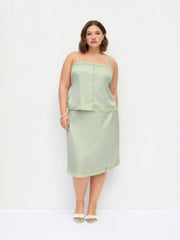 Satin Lace Trim Button Cami Top & Mid Rise Midi Skirt Set Curve & Plus