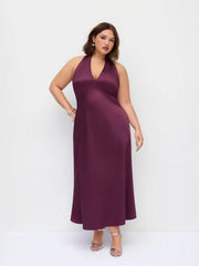 Satin V-neck Backless & Bowknot A-line Maxi Dress Curve & Plus