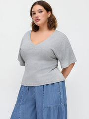 Knit Fabric V-neck None Short Sleeve Tees Curve & Plus