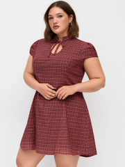 Cotton-blend Mandarin Collar Tartan Cut Out Bowknot Puff Sleeve Mini Dress Curve & Plus