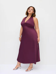 Satin V-neck Backless & Bowknot A-line Maxi Dress Curve & Plus