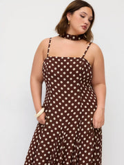 Chiffon Halter Neckline Polka Dot Ruffled Hem Ruched Maxi Dress Curve & Plus