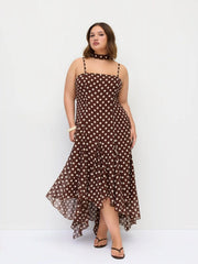 Chiffon Halter Neckline Polka Dot Ruffled Hem Ruched Maxi Dress Curve & Plus