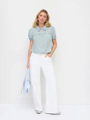 Denim Striped Washed Short Puff Sleeve Drawstring Oversized Blouse