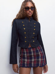 Denim Washed Napoleon Stand Collar Metal Detail Jacket