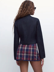 Denim Washed Napoleon Stand Collar Metal Detail Jacket