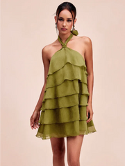 Chiffon Halter Neckline Asymmetrical Ruffle Babydoll Mini Dress