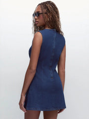 High Stretch Denim Ruched Zipper Mini Dress