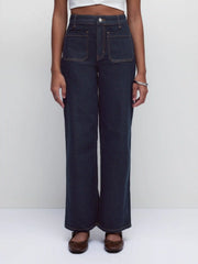 Stretch Denim Mid Rise Washed Metal Detail Straight Leg Jeans