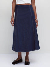 Stretch Denim High Rise Washed Pleated A-line Flare Midi Skirt