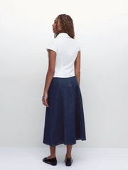 Stretch Denim High Rise Washed Pleated A-line Flare Midi Skirt