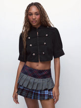 Denim Stand Collar Washed Metal Detail Crop Blouse
