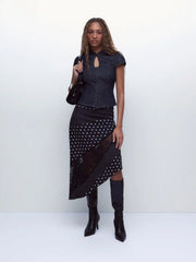 Washed Denim Stand Collar Puff Sleeve Ruched Cut Out Blouse