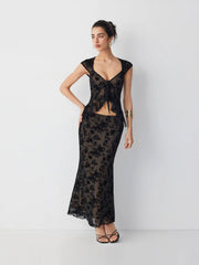 Flocked Mesh Floral Tie Front Top & Mid Rise Midi Skirt Set