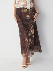 Mesh Mid Rise Floral Graphic Lettuce Trim Midi Skirt