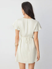 Satin V-neck Ruffle Sleeve Lace Trim Tie Front A-line Mini Dress