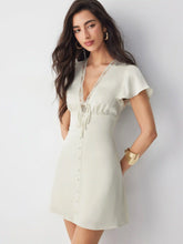 Satin V-neck Ruffle Sleeve Lace Trim Tie Front A-line Mini Dress