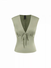 Satin V-Neck Ruched Bowknot Tank Blouse