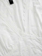 Cotton V-neck Broderie Anglaise Pleated Shirred Short Sleeve Blouse Curve & Plus