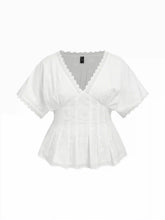 Cotton V-neck Broderie Anglaise Pleated Shirred Short Sleeve Blouse Curve & Plus