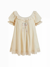 Cotton-blend Floral Graphic Scoop Neck Puff S leeve Lace Babydoll Mini Dress Curve & Plus