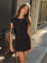 Puff Sleeve Button Front Peplum Top & Mid Rise Straight Shorts Set
