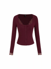 Ribbed Scoop Neck Lace Trim Long Sleeve Top