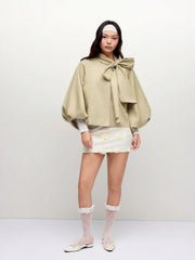 Cotton-blend Asymmetrical Neck Lantern Sleeve Bowknot Oversized Trench Coat