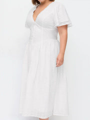Cotton Floral Embroidery V-neck Ruffle Sleeve A-line Maxi Dress Curve & Plus