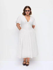Cotton Floral Embroidery V-neck Ruffle Sleeve A-line Maxi Dress Curve & Plus