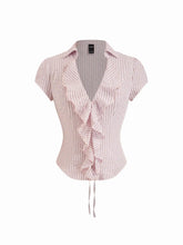 Cotton-blend Striped Ruffled Short Sleeve Blouse