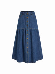 Denim Mid Rise Metal Detail Flared Maxi Skirt