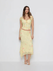 Mesh Floral Ruched Tie Front Top & Mid Rise Maxi Skirt Set
