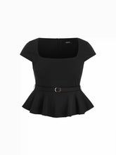 Scoop Neck Ruffled Peplum Belted Metal Detail Top Curve & Plus