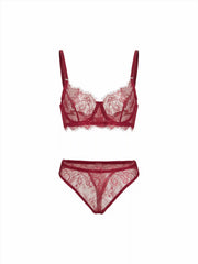 Lace V-neck Sheer Lettuce Trim Mid Rise Lingerie Set