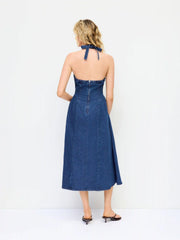 Stretch Denim Halter Neckline Washed A-line Maxi Dress