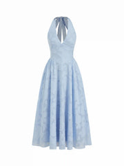 Jacquard Floral Halter Neckline Backless Flared Maxi Dress