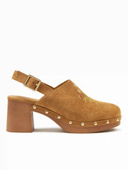 FAUX SUEDE BUCKLE STUDDED MULE HEELS