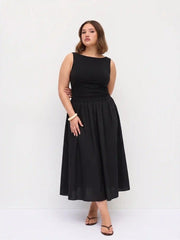 Cotton Boat Neck Ruched Low Rise A-line Maxi Dress Curve & Plus