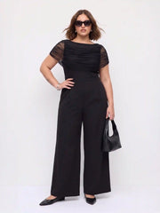 Mesh Off-shoulder Ruched Mid Rise Wide Leg Jumpsuit Curve & Plus