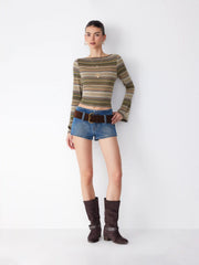 Striped Boat Neck Bell Sleeve Slim Tee
