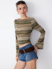 Striped Boat Neck Bell Sleeve Slim Tee