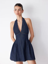 Denim Halter Neckline Backless Flared Mini Dress