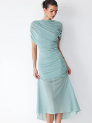 Mesh Stand Collar Poncho Sleeve Ruched High-Low Maxi Dress