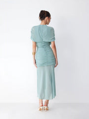 Mesh Stand Collar Poncho Sleeve Ruched High-Low Maxi Dress