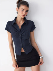 Striped Short Sleeve Ruched Drawstring Shirt