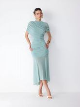 Mesh Stand Collar Poncho Sleeve Ruched High-Low Maxi Dress