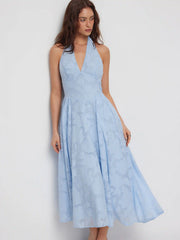 Jacquard Floral Halter Neckline Backless Flared Maxi Dress