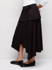 Textured Mid Rise Asymmetrical Tie Detail Flared Maxi Skirt