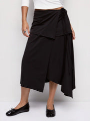 Textured Mid Rise Asymmetrical Tie Detail Flared Maxi Skirt
